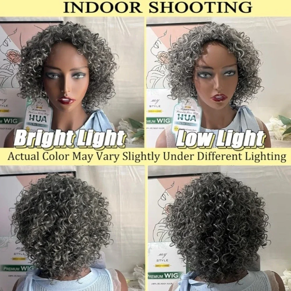 My Style HUA Hebe Human Hair Wig Short Curly Glueless Grey Salt and Pepper NEW